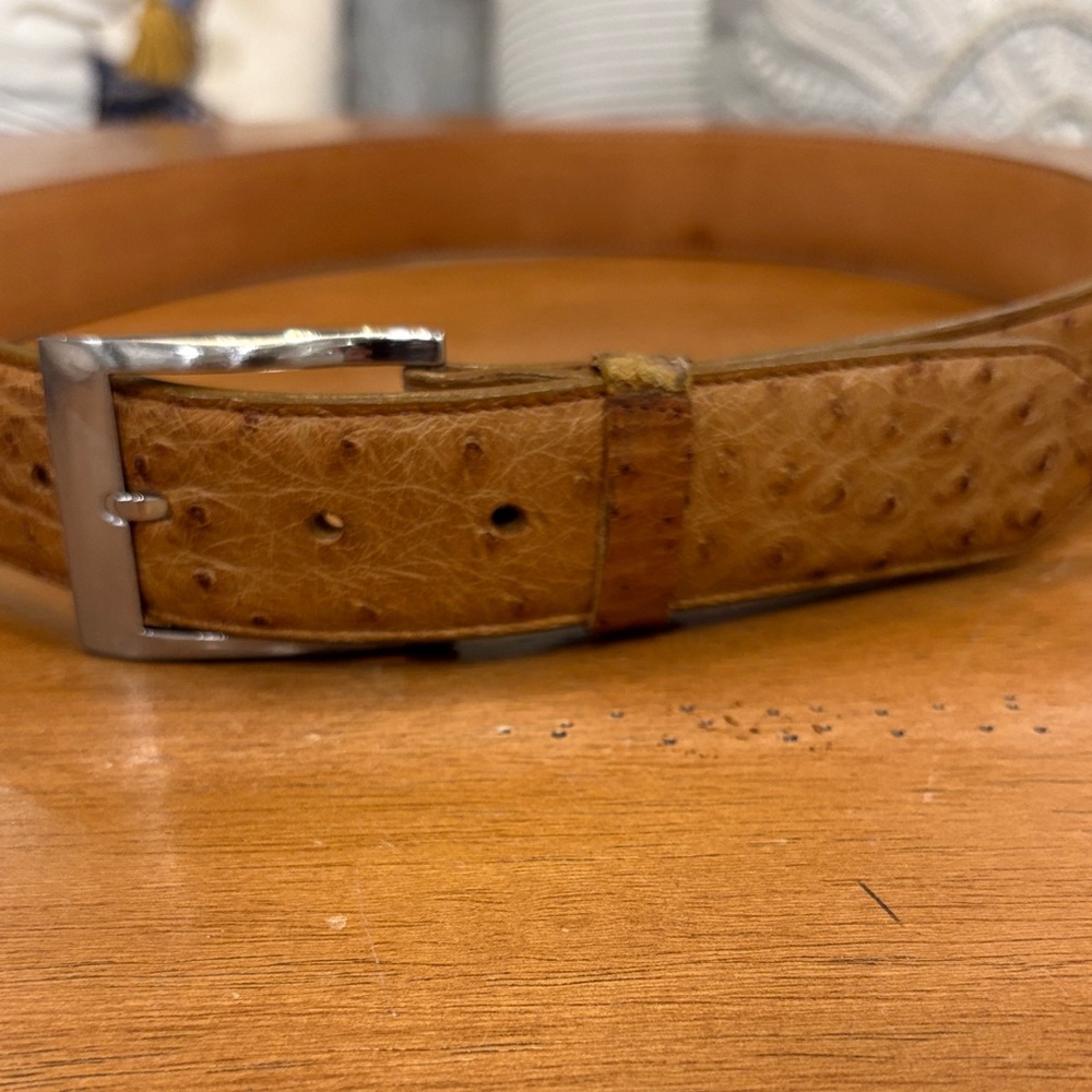 Men’s genuine ostrich, leather belt tan/ size 36.